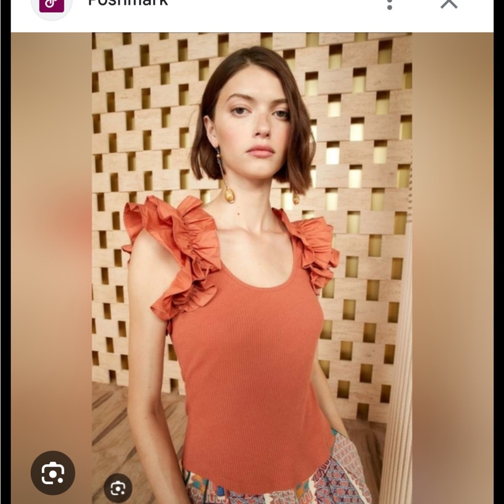 Ulla Johnson Koa Rust Ruffle-Sleeve Ribbed Top - Picture 2 of 5